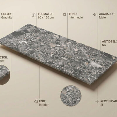Suelo porcelánico Inlay Graphite de 60x120 cm con imitación piedra y acabado mate.