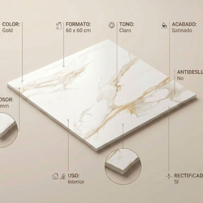 Pieza rectangular de gres porcelánico imitación mármol en tonos claros con vetas doradas, acabado satinado y rectificado, formato 60×60 cm.