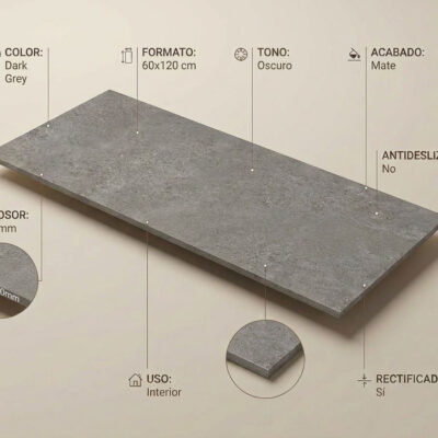 Azulejo porcelánico Arenite Dark Grey de 60x120 cm con textura de piedra y acabado mate.