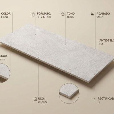 Baldosa rectangular de gres porcelánico en tonalidad gris claro con textura de piedra natural, formato 30×60 cm, acabado mate y rectificado.