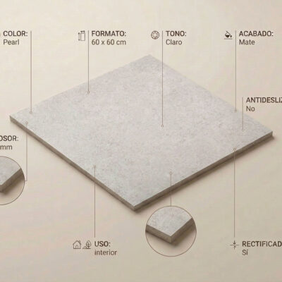 Porcelánico Arenite Pearl 60x60 cm mate, tono claro, con detalles de grosor y uso interior.