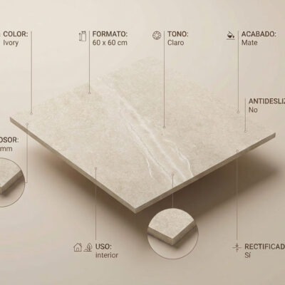 Azulejo porcelánico Austral Ivory 60x60 cm mate con vetas claras y especificaciones del producto.