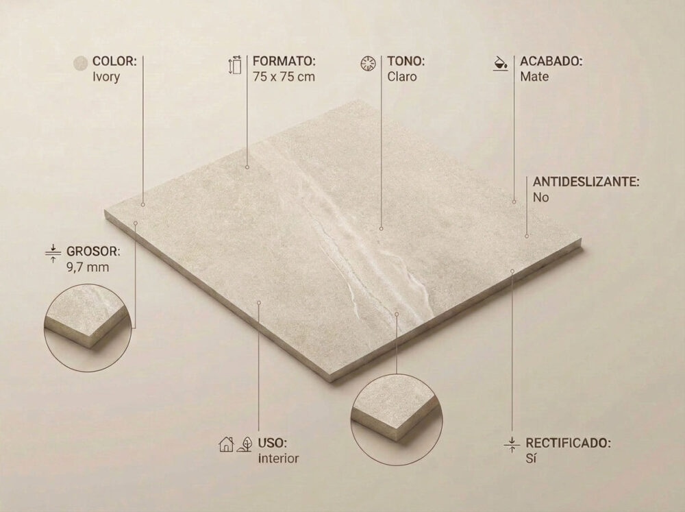 Porcelánico Austral Ivory 75×75 cm MT Rect