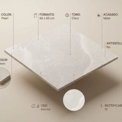 Azulejo porcelánico Austral Pearl 60x60 cm mate claro. Muestra sus especificaciones técnicas.