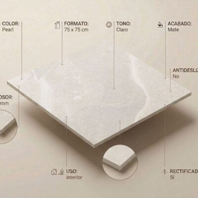 Diagrama técnico del gres porcelánico Austral Pearl en color pearl con formato 75×75 cm, mostrando grosor de 9,7 mm, acabado mate, tono claro, rectificado y apto para interior.