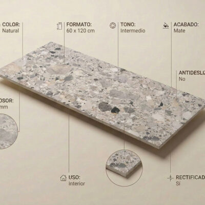 Baldosa porcelánica inlay cerámica 60x120 cm con diseño de piedra natural y acabado mate.