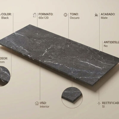 Suelo porcelánico Malek Black 60x120 cm, imitación piedra oscura con vetas blancas.