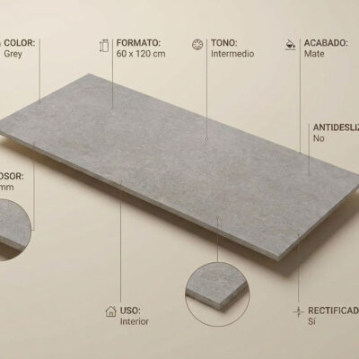 Una baldosa porcelánica Ulisse Grey gris de 60x120 cm con textura de piedra y acabado mate.