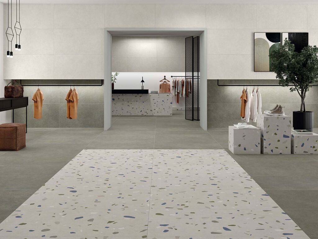 Suelo porcelánico para interior, modelo Pursue Green, con un original acabado de efecto cemento en tonalidades verdes.