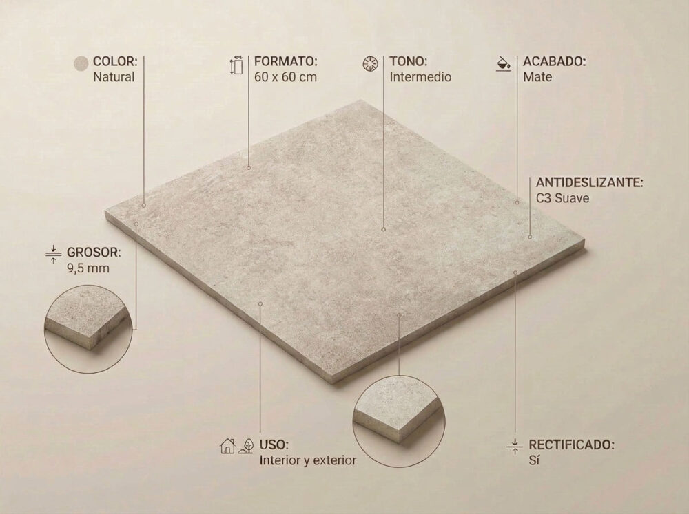 Porcelánico Crassana Natural 60×60 cm MT Rect Inout