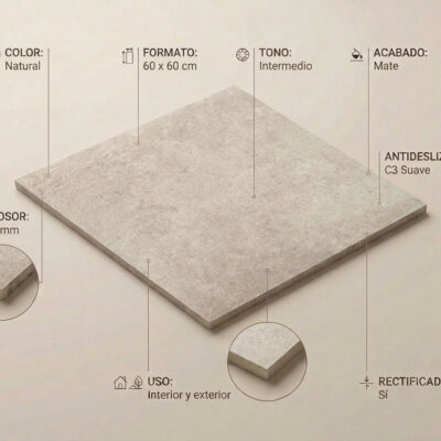 Baldosa porcelánica Crassana Natural 60x60 cm mate, antideslizante C3, para interior y exterior.