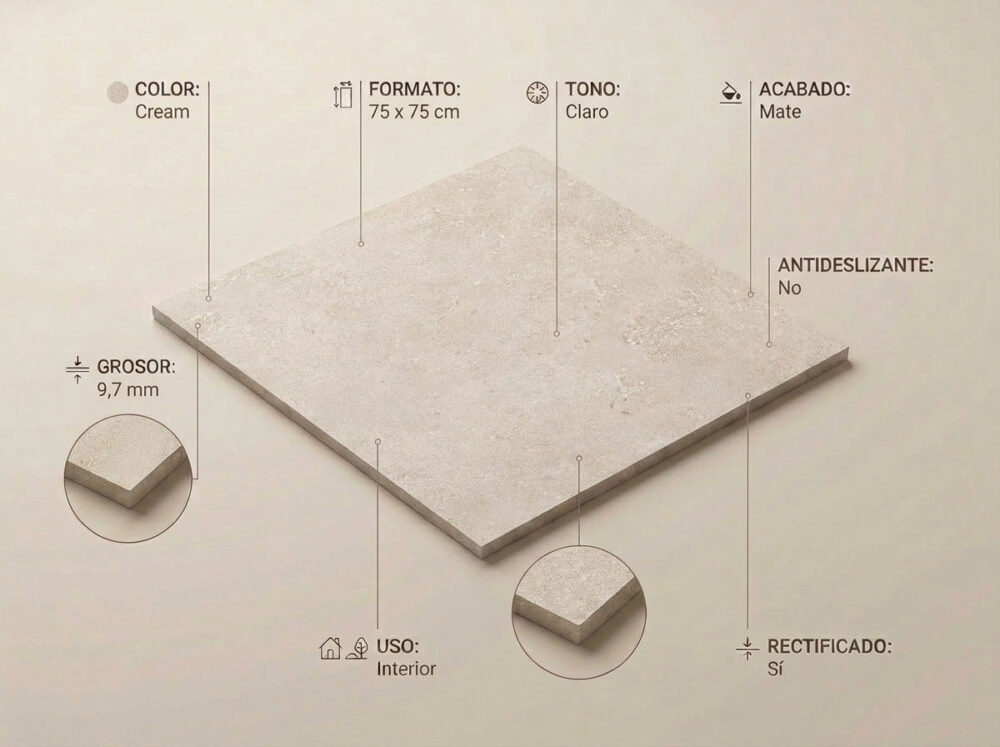 Porcelánico Flax Cream 75×75 cm MT Rect