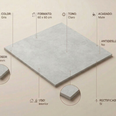 Un suelo porcelánico gris de 60x60 cm con acabado mate y bordes rectificados. Es para uso interior.