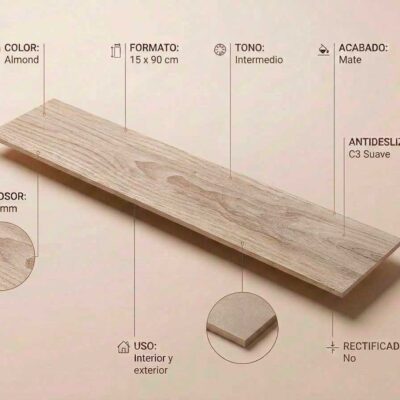 Una baldosa de suelo porcelánico imitación madera Olson Almond de 15x90 cm en tono almendra y acabado mate.