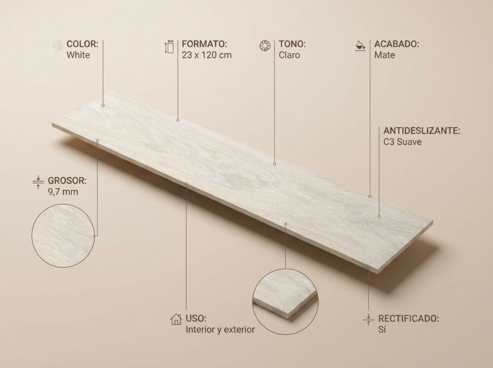 Porcelánico Civic White 23×120 cm MT Rect Inout