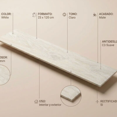 Placa porcelánica Civic White 23x120 cm con efecto madera clara y acabado mate.
