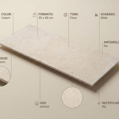 Un azulejo porcelánico Flax Cream de 30x60 cm con textura de cemento mate.