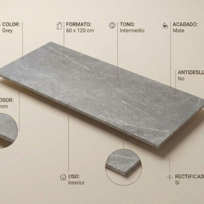 Porcelánico Malek Grey 60x120 cm rectificado con acabado mate y diseño imitación piedra.