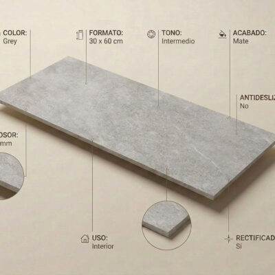 Pieza rectangular de gres porcelánico imitación piedra en tonalidad gris, acabado mate y rectificado, con superficie texturizada y grosor de 8,7 mm, formato 30×60 cm.