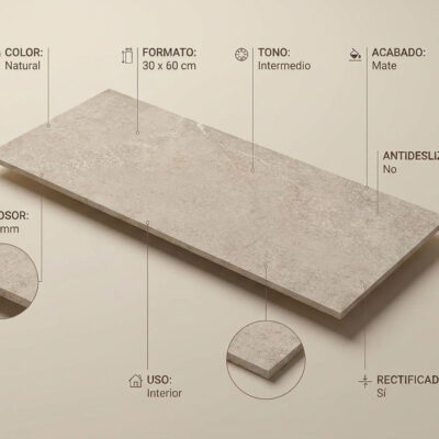 Pieza rectangular de porcelánico imitación piedra en tonalidad natural beige, formato 30×60 cm, superficie texturizada mate con acabado rectificado. Grosor 8,7 mm visible en el perfil lateral.