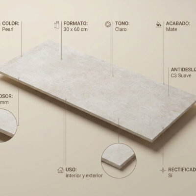 Azulejo porcelánico Crassana Pearl 30x60 cm de color claro con efecto cemento mate y borde recto.