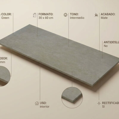 Azulejo porcelánico Pursue Green de 30x60 cm en tono verde mate. Se muestran detalles de grosor