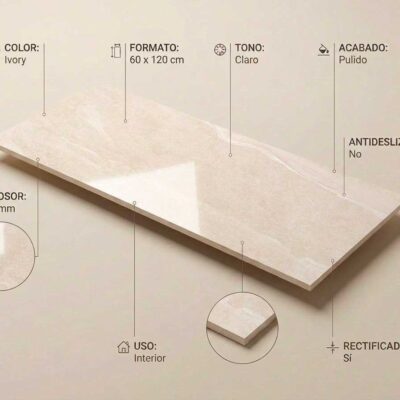 Azulejo porcelánico Austral Ivory 60x120 cm con acabado pulido y bordes rectificados.