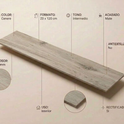 Baldosa de suelo porcelánico Baldai Cenere 23x120 cm con acabado mate y textura madera.
