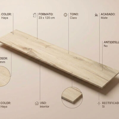 Suelo porcelánico color haya de 23x120 cm con acabado mate y efecto madera.