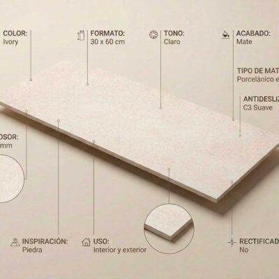 Baldosa porcelánica esmaltada color marfil mate