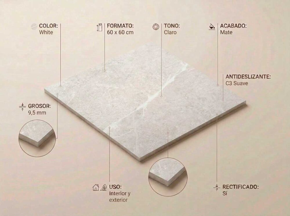 Porcelánico Bodo White 60×60 cm MT Rect Slipstop