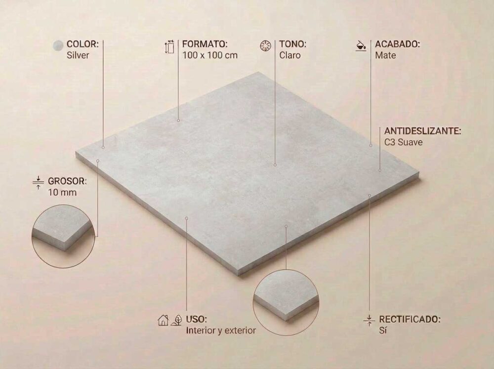 Porcelánico Indeed Silver 100×100 cm MT Rect Inout