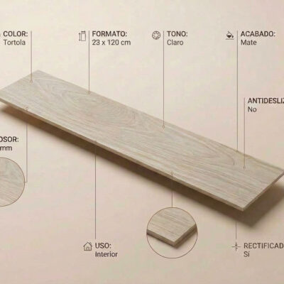 Un suelo porcelanico Kael Tortola 23x120 cm de aspecto madera claro y acabado mate. Se detallan sus características.