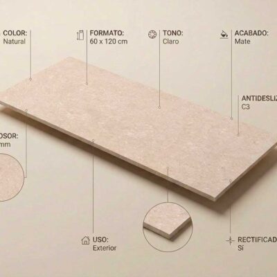 Suelo porcelánico Leiria Natural 60x120 cm, color natural, acabado mate y borde rectificado.
