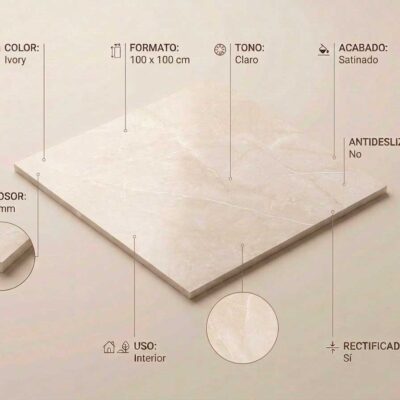 Un suelo porcelánico Milden Ivory de 100x100 cm con acabado satinado y borde rectificado.