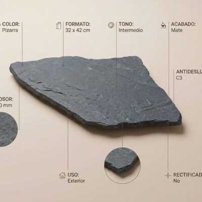 Una pieza de suelo porcelanico gris oscuro con textura de pizarra y bordes irregulares.