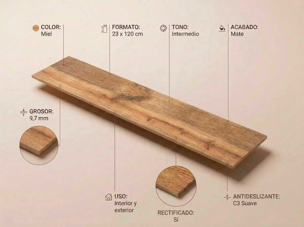 Porcelánico Sabik Miel 23×120 cm MT Rect Inout