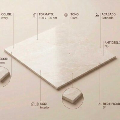 Porcelanico Scarlet Soft Ivory 100x100 cm con acabado satinado y bordes rectificados.
