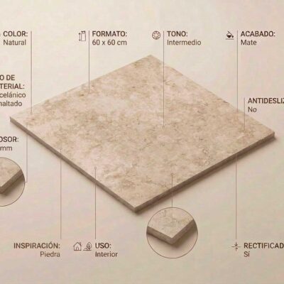 Baldosa porcelánica Serena Natural 60x60 cm con acabado mate y textura piedra.