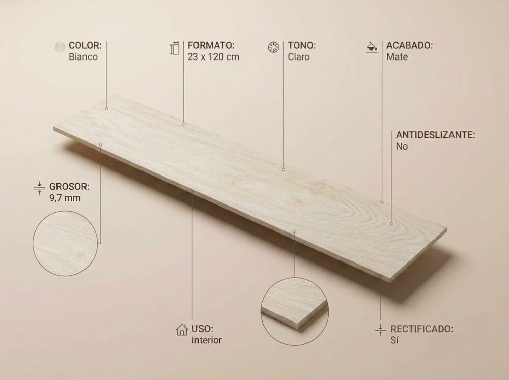 Porcelánico Tiare Bianco 23×120 cm MT Rect