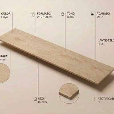 Plancha de porcelánico Tiare Haya 23x120 cm con textura madera clara y especificaciones