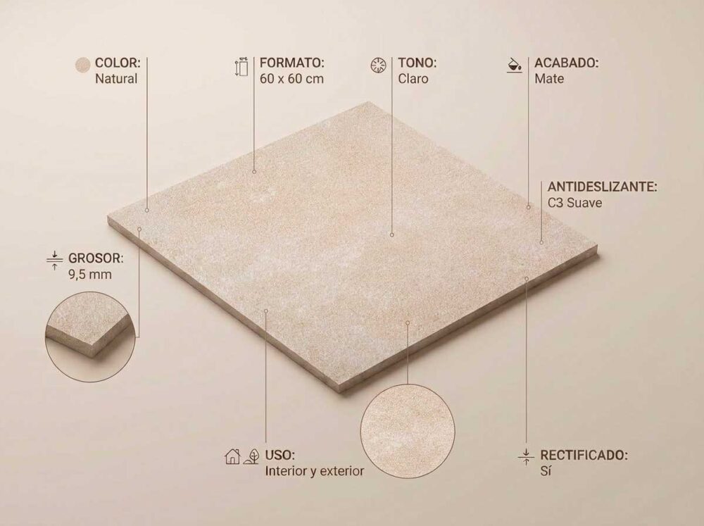 Porcelánico Zarci Natural 60×60 cm MT Rect Slipstop