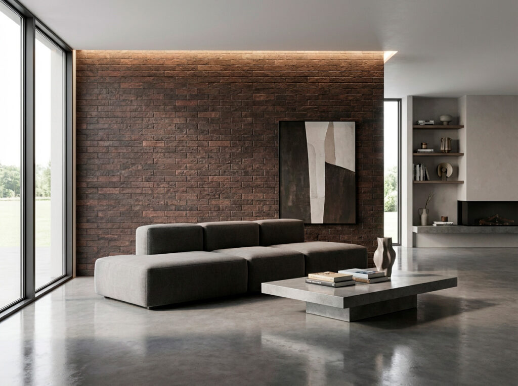 Pared de salón moderno con azulejo efecto piedra rodeno. El color rodeno crea un ambiente cálido.