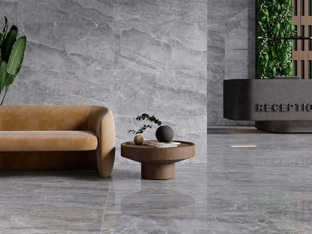 Suelo de baño moderno con pavimento porcelánico Sublime Grey de efecto mármol gris.