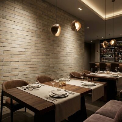 Ambiente de restaurante con pared de azulejo porcelánico Benissa Teja y mesas de madera.