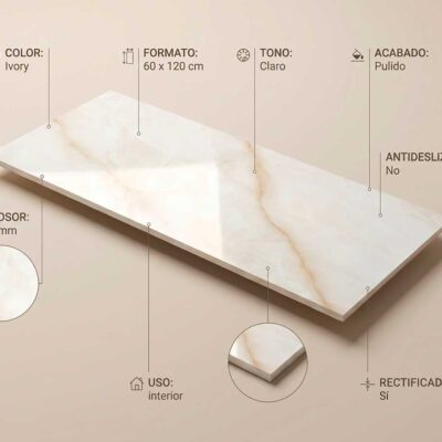 Azulejo pulido Baltra Ivory 60x120 cm con patrón de mármol y especificaciones detalladas.
