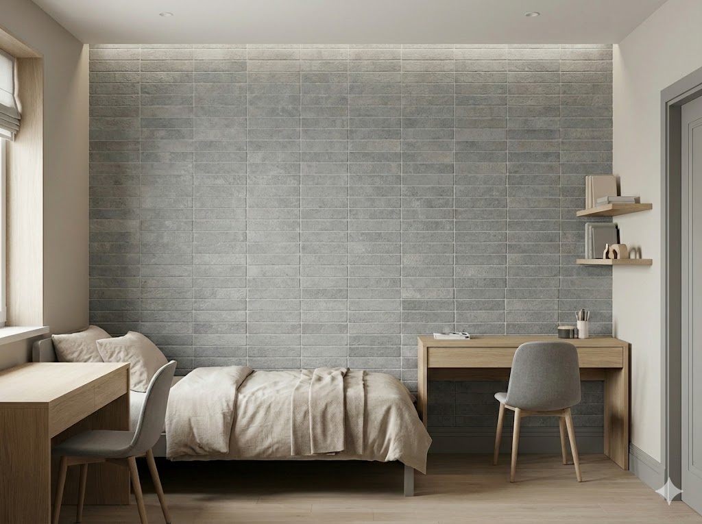 Pared de dormitorio con azulejos efecto piedra tosca gris. Consulta piedra tosca precio.