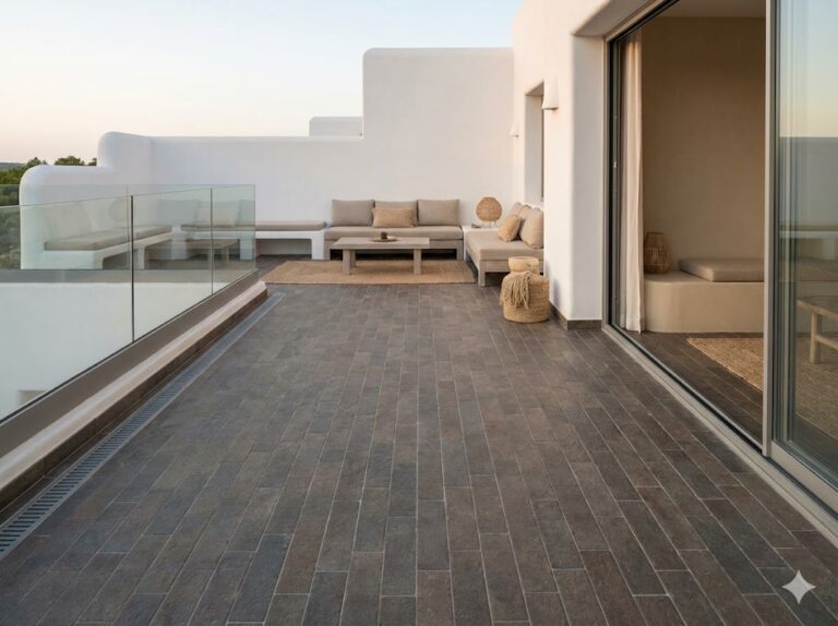 Terraza exterior con suelo porcelánico antideslizante tosca visón y mobiliario beige.