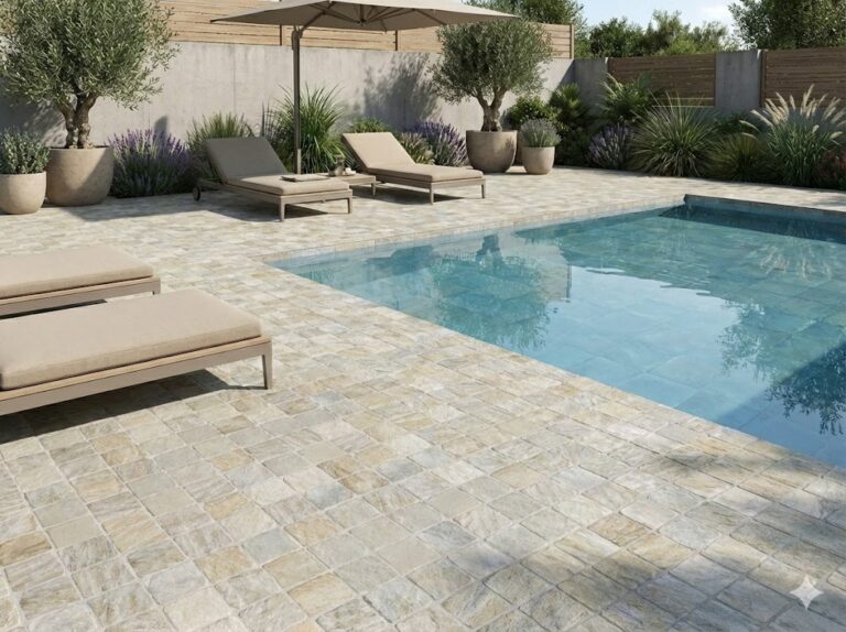 Piscina exterior con suelos porcelánicos rústicos efecto piedra en tonos claros.
