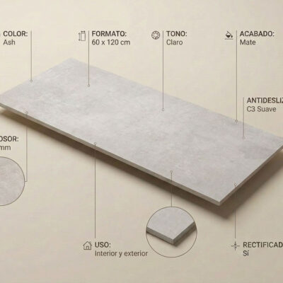 Un azulejo porcelánico Indeed Ash gris claro de 60x120 cm con acabado mate. Muestra sus detalles técnicos.